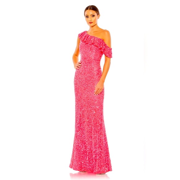 NWT Mac Duggal Pink Sequined Drop Shoulder Trumpet Gown Asymmetrical Beaded - Picture 1 of 9
